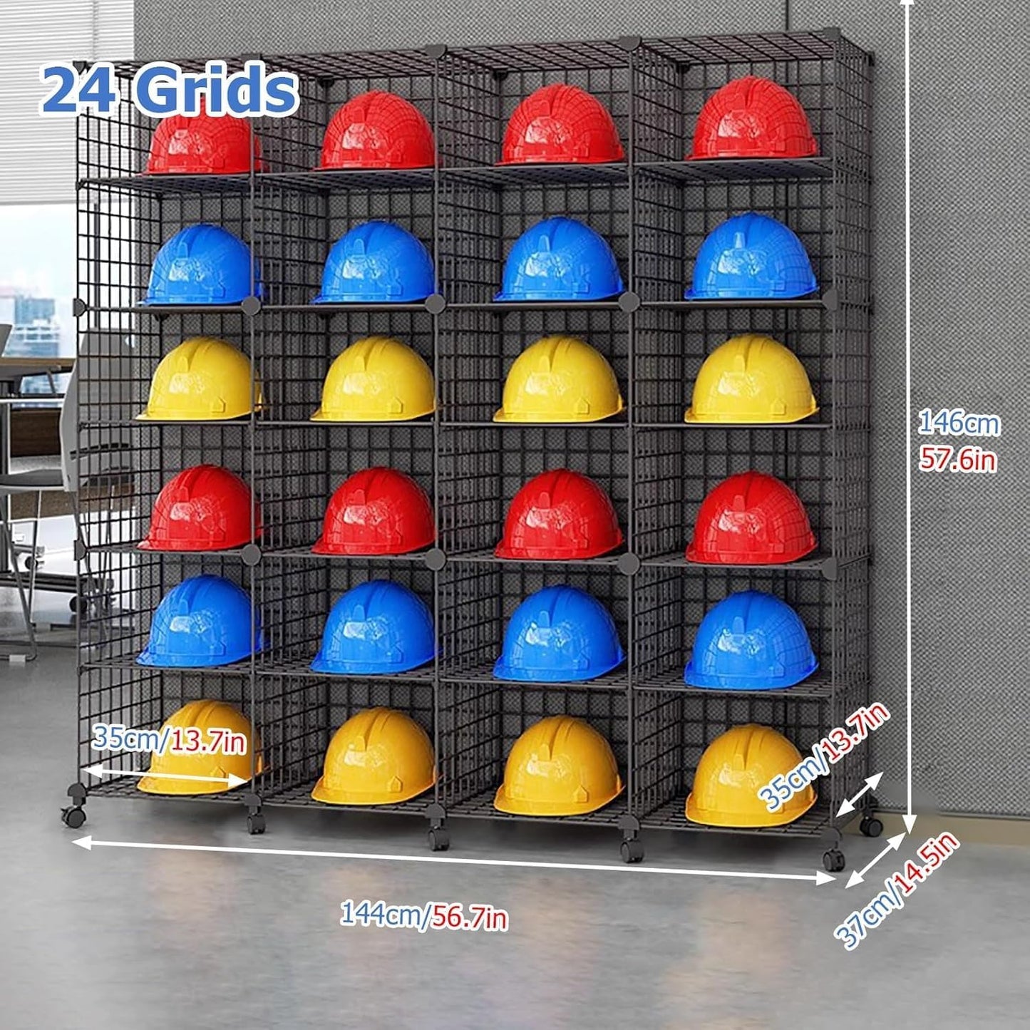 Stackable Safety Helmet Storage Boxes, Large Adjustable Hard Hat Placement Organizer Rack,with Wheels,for Construction Site/Garage/Workshop/Factory Helmet Display Shelf (Black, 24 Grids-4 * 6)