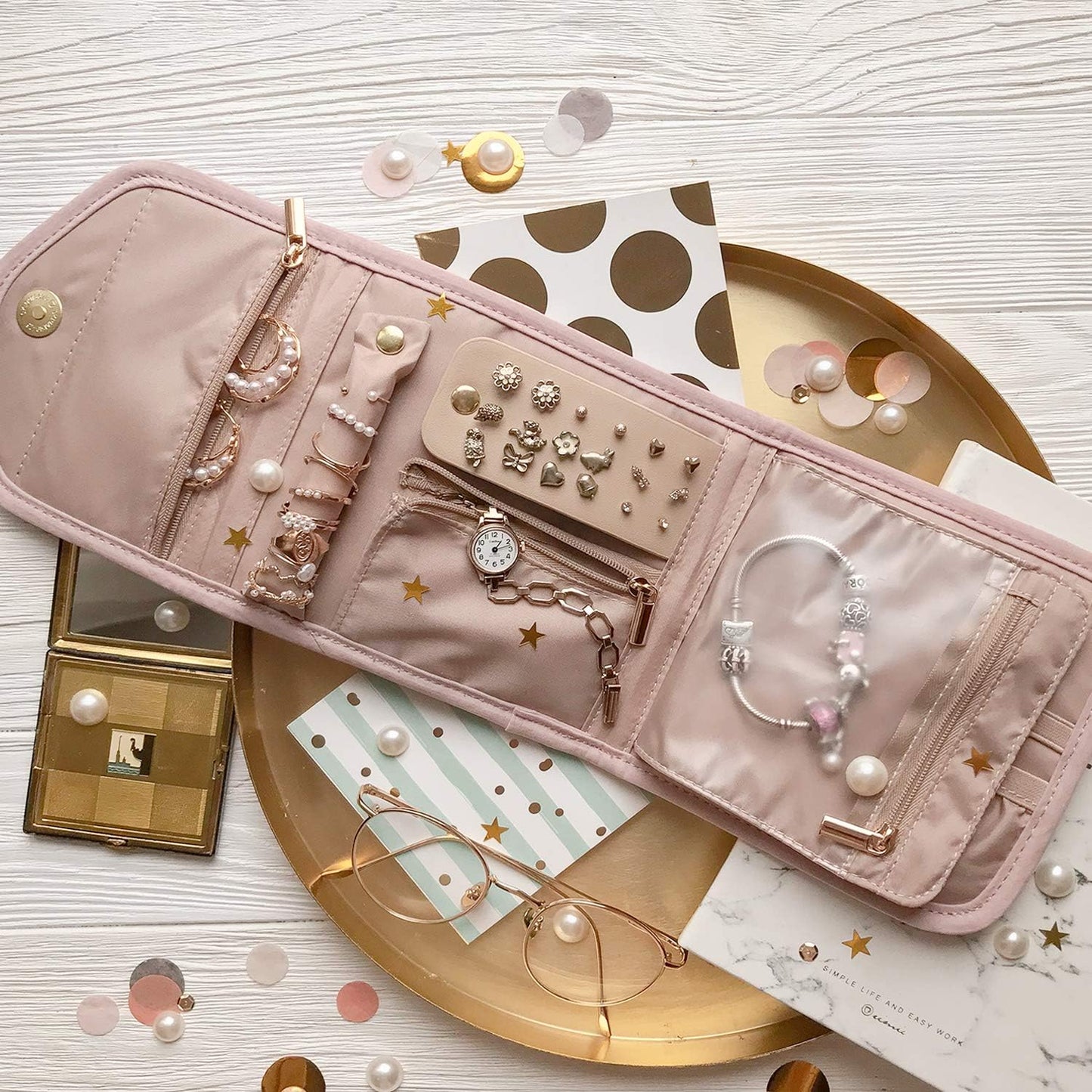 BAGSMART Travel Jewelry Organizer Case Foldable Small Jewelry Roll for Journey Rings, Necklaces, Earrings, Bracelets,Mini,Soft Pink