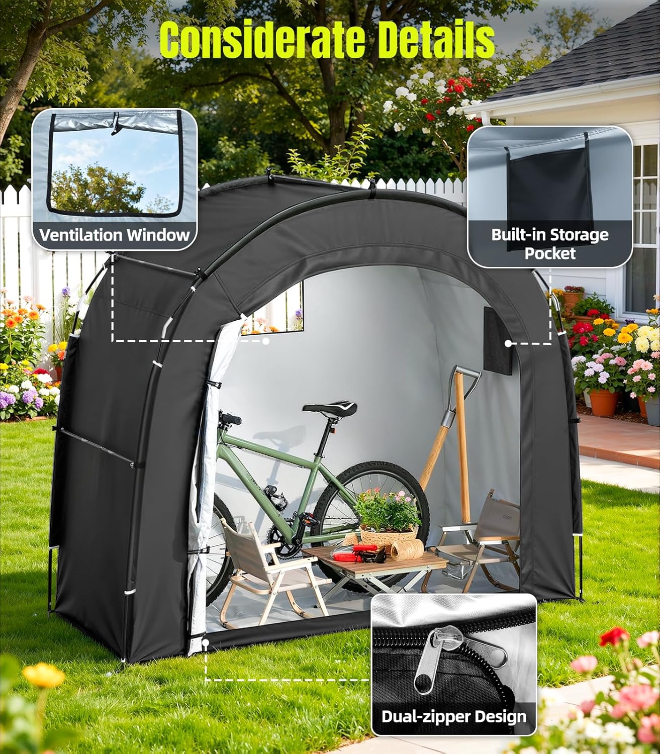 Housolution Bike Storage Tent Shed for 3 Bikes, Outdoor Portable 210D Oxford Thick PU4000 Waterproof Bike Cover with Ventilated Window, Bike Tent Fit for Bicycle, Lawn Mower, Garden Tools