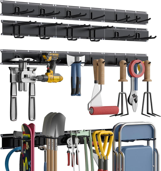 Garage Tool Organizer Wall Mount with 96 inches Rails and 13 Adjustable Heavy-Duty Hooks, Garden Tool Organizer, 19 Pack Carries 820 lbs, Heavy Duty Garage Storage Rack For Yard, Shed, Easy to install