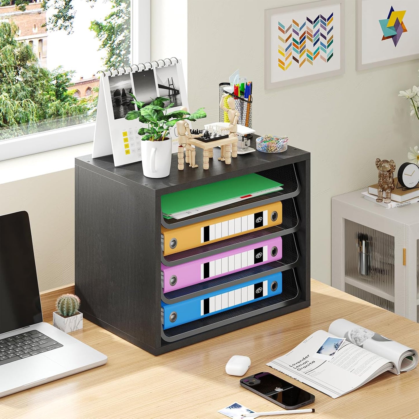 Simple Trending Desk File Organizers, 4-Tier Letter Tray Paper Organizer with File Holder, Wooden Paper Sorter for Office Supplies, Black