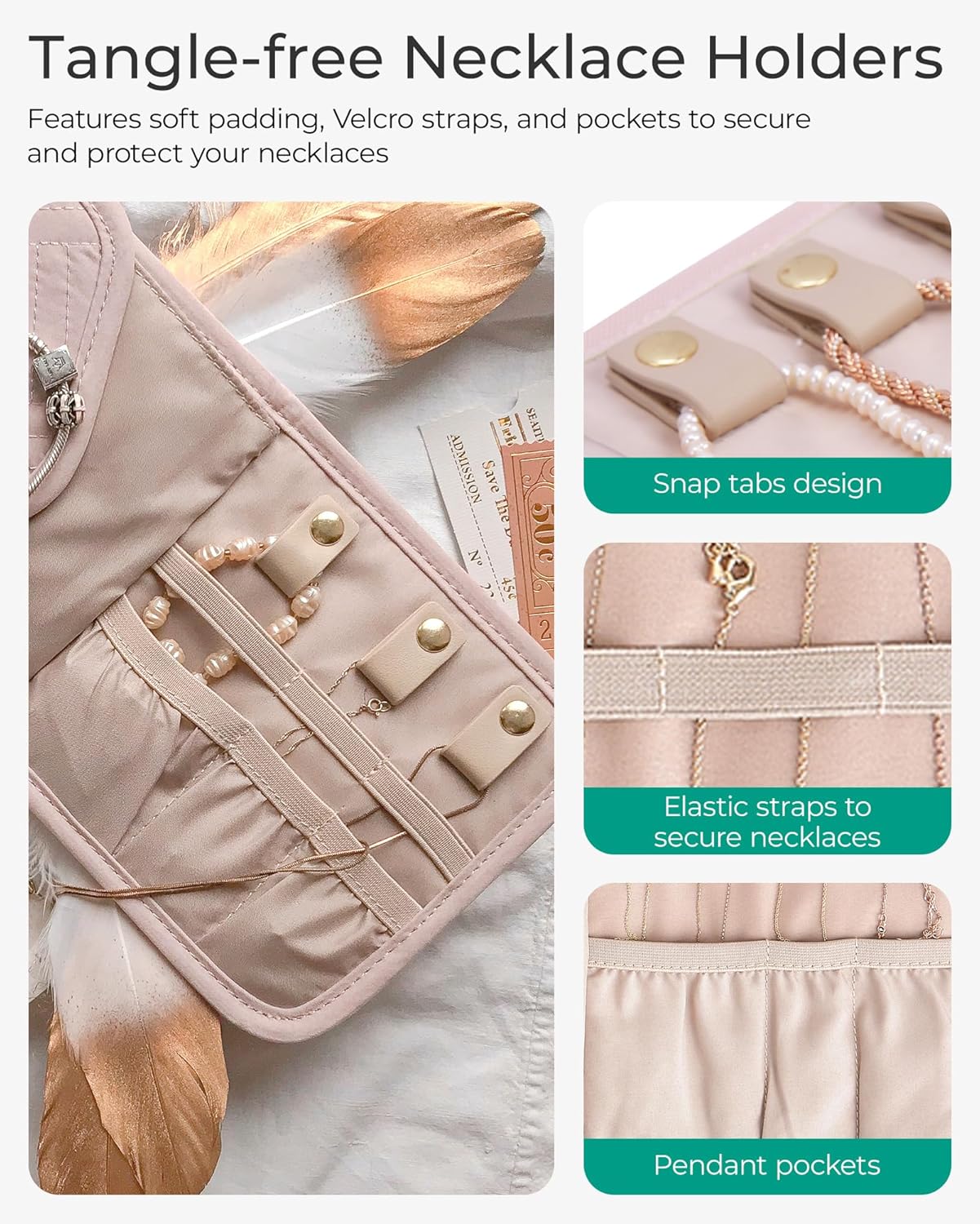 BAGSMART Travel Jewelry Organizer Case Foldable Small Jewelry Roll for Journey Rings, Necklaces, Earrings, Bracelets,Mini,Soft Pink