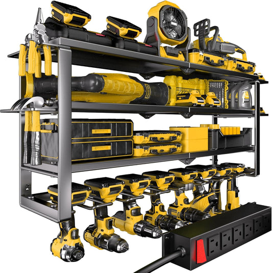 Heavy Duty 4-Tier Power Tool Organizer Wall Mount Rack, Quick Assembly Tool Wall Organizer with 8 Drill Holders & Charging Station, for Garage Workshop Shed Organization - 4 Shelves 8 Slots