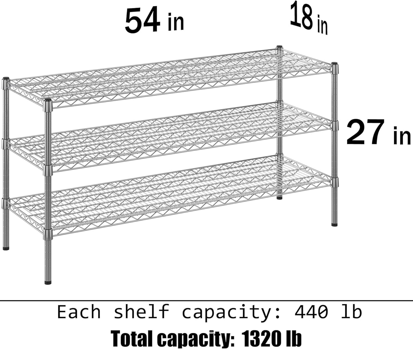 18" Deep x 54" Wide x 27" Height Wire Shelving Kit | 3-Tier | NSF Commercial Storage Rack Unit