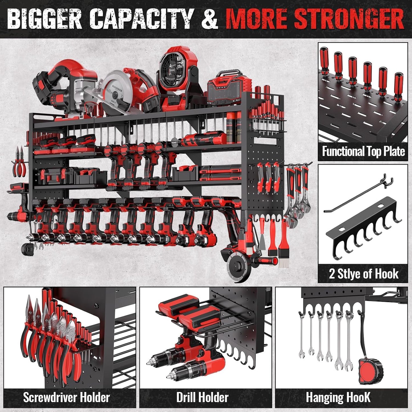 49.8" W Super Large Power Tool Organizer Wall Mount,4-Layer Heavy Duty Tool Storage with 18 Cordless Drill Holder,600 lb Capacity Garage Organization for Garage and Workshop (Black)