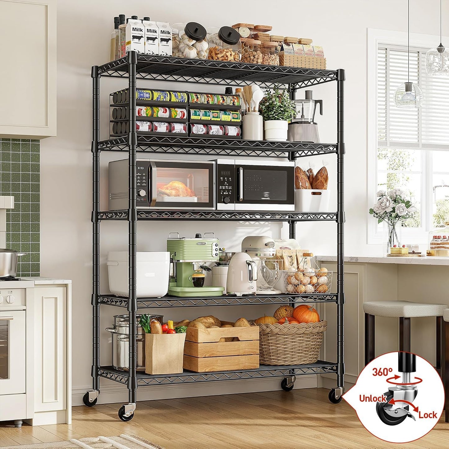REIBII 73''H Storage Shelves 1660LBS Wire Shelving Unit with Wheels 5 Tier Metal Shelving,Heavy Duty Metal Shelves for Storage Rack,73''HX35''WX15''D