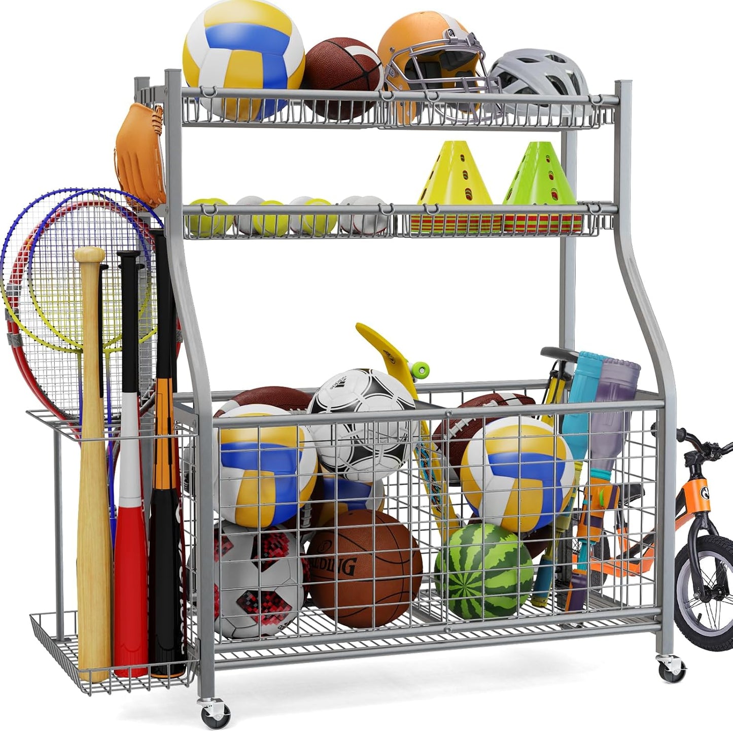 Garage Sports Equipment Organizer,Ball Storage With Four Baskets And Six Hooks,Sports Organizer For Garage,Heavy Duty Garage Organizer,Garage Storage,Garage Organization,Outdoor Toy Storage