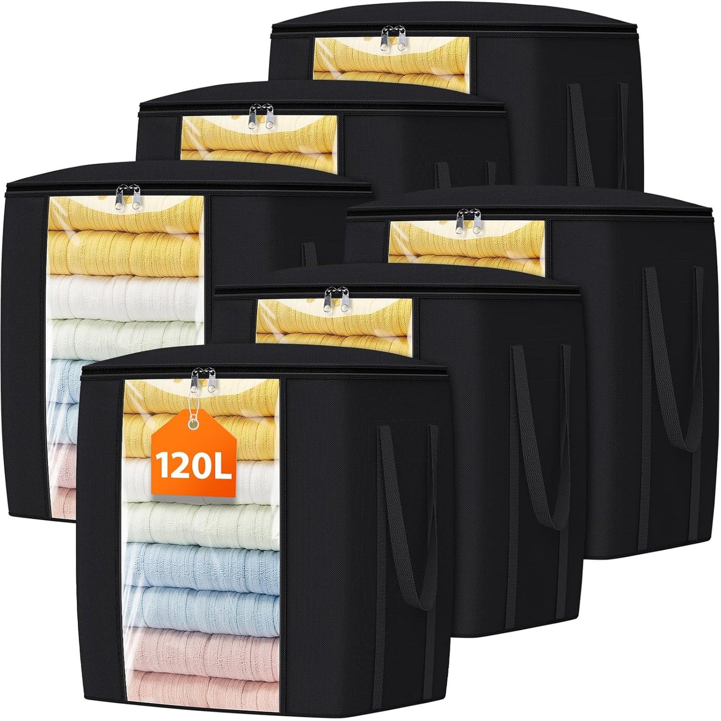 120L Extra Large Clothes Storage Bags, Foldable Blanket Storage and Organization, Thick Fabric Containers with Reinforced Handles & Zippers for Clothing, Comforters, Bedding, Black, 6 Pack