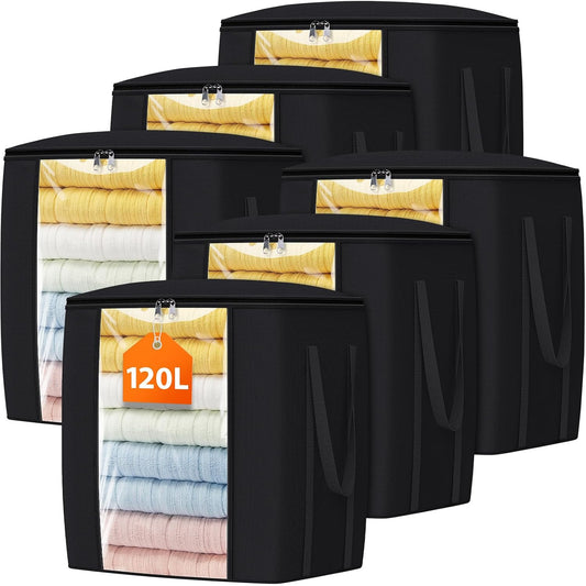 120L Extra Large Clothes Storage Bags, Foldable Blanket Storage and Organization, Thick Fabric Containers with Reinforced Handles & Zippers for Clothing, Comforters, Bedding, Black, 6 Pack