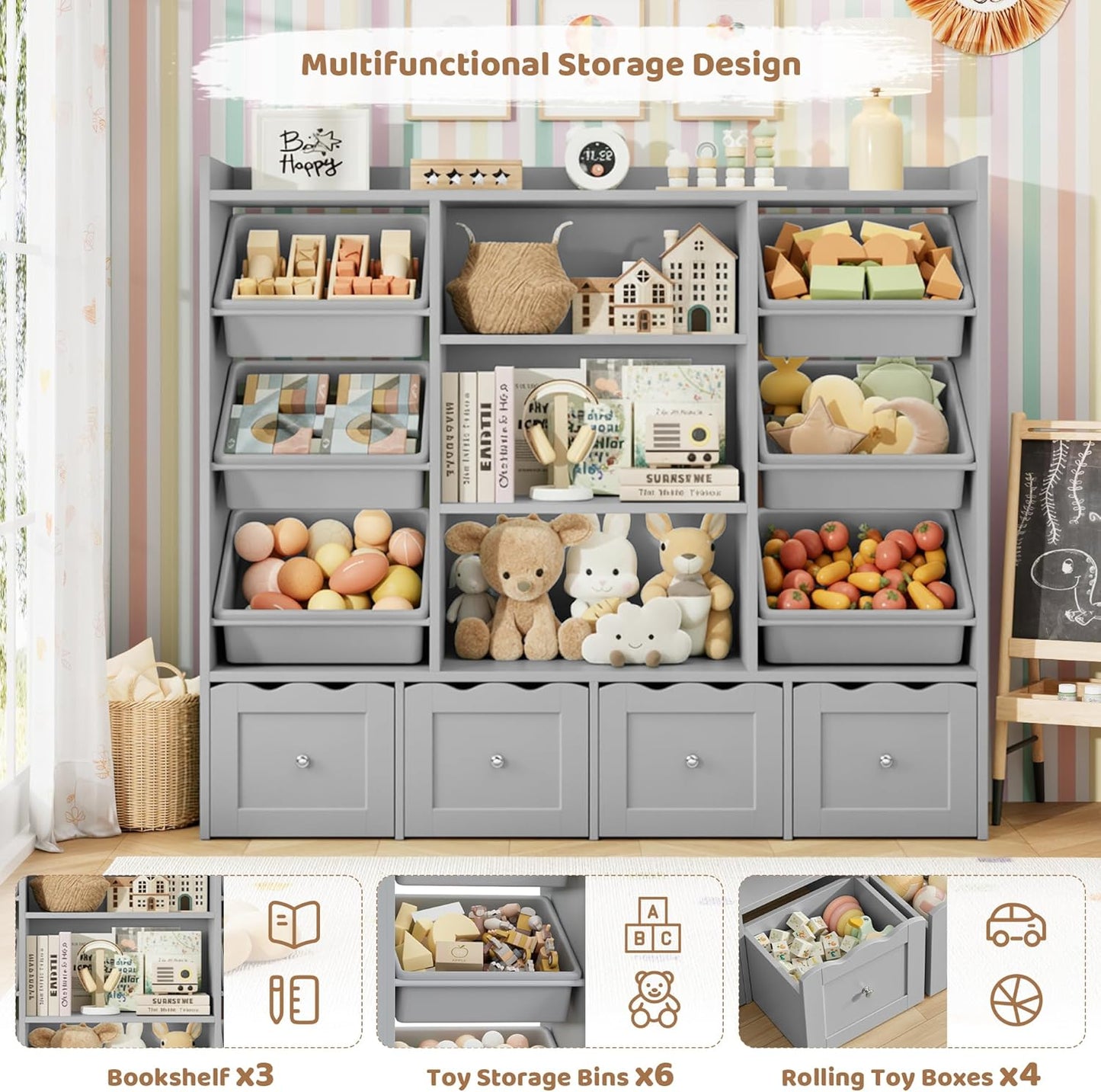 HITHOS 55" W Kids Toy Storage Organizer, Large Toy Box with Bookshelf, Toy Chest with 3 Cubes Storage Organizer, 6 Toy Organizers and Storage Bins, 4 Rolling Drawers for Kids Room, Playroom, Gray