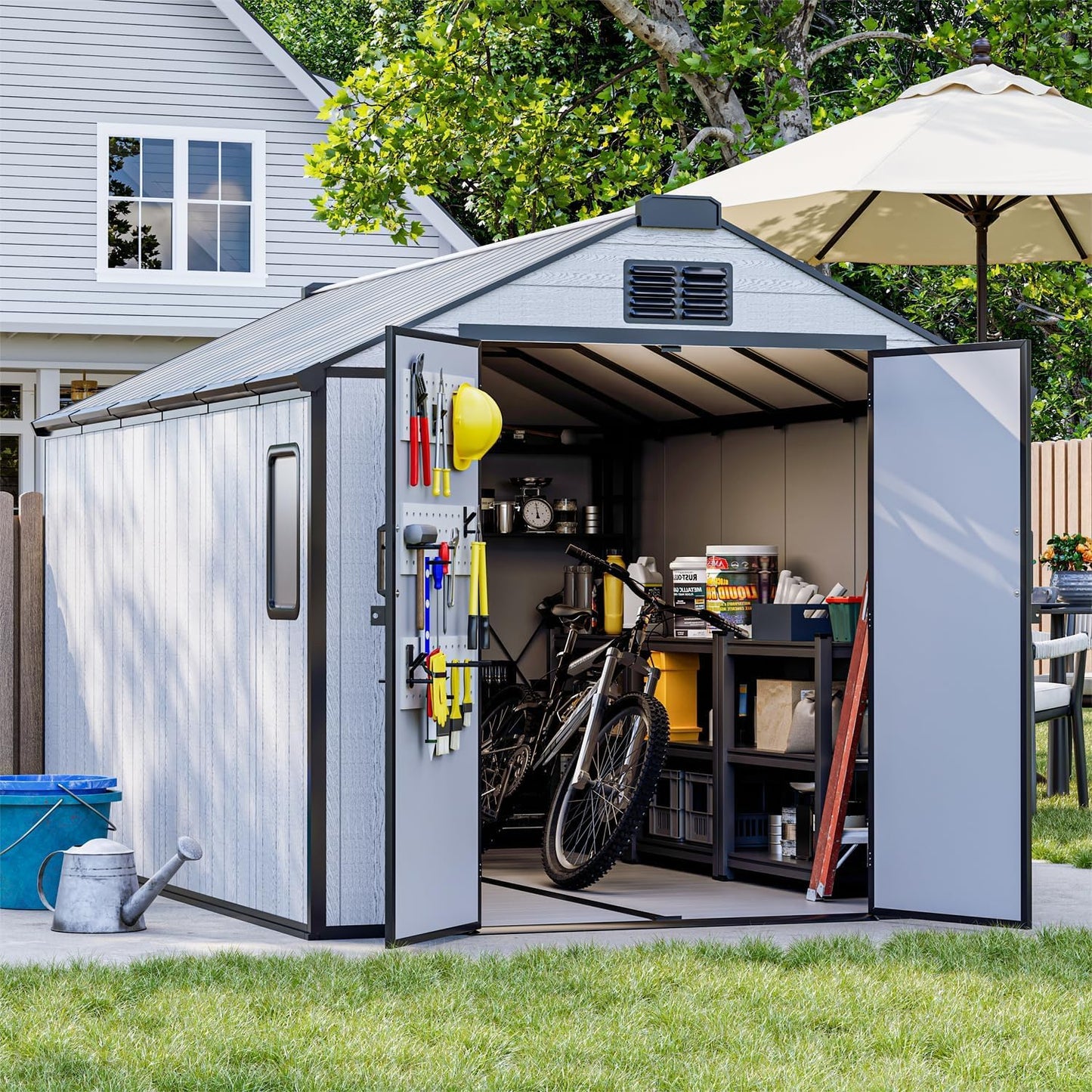 8 x 12 FT Resin Outdoor Storage Shed, All-Weather Plastic Garden Shed with Floor, Lockable Doors & Windows, Plastic Tool Shed for Poolside, Backyard, Patio