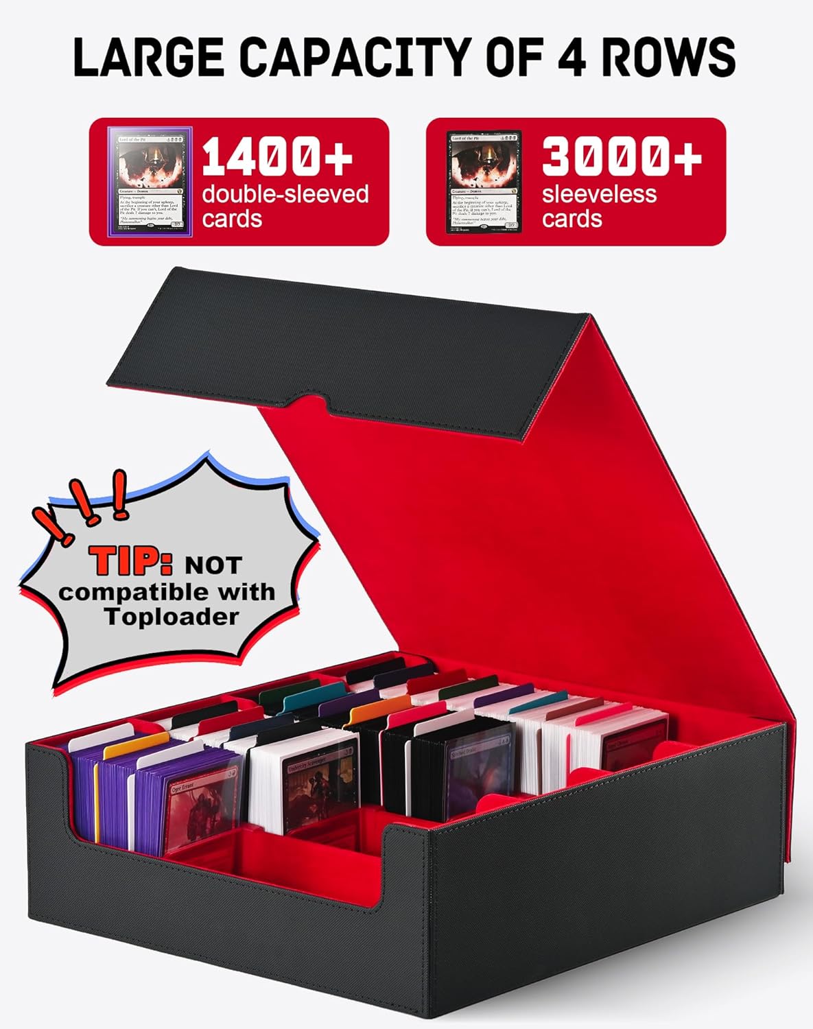 ZLCA Card Storage Box for MTG PTCG, Commander Deck Box Holds 3200+ Cards, Trading Card Storage Case with 4 Stoppers, Card Organizer for TCG Sport Cards(Black&Red)