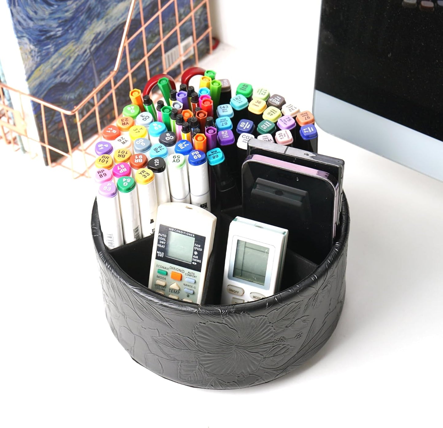 lizimandu Remote Control Holder, 360°Spinning PU Leather Desk TV Remote Caddy,Desk Storage Box Room Accessories for Controller, Media,Mail,Calculator, Mobile Phone,Pencil(1B-Carved Black)