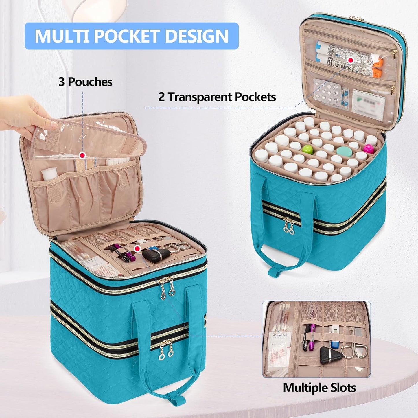 Yarwo Pill Bottle Organizer Storage Bag, 3 Layers Medicine Travel Case Empty with Demountable Design and Dividers for Pills, Potions, Vitamins and Emergency First Aid Supplies, Teal (PATENT DESIGN)