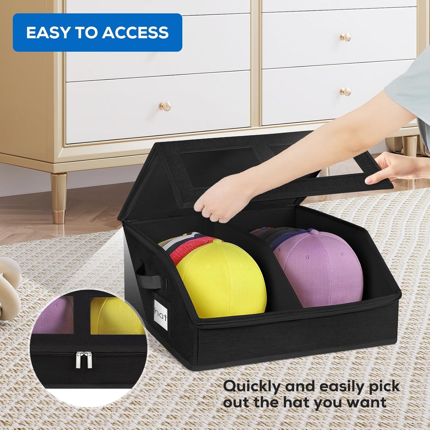 2 Pack Hat Storage for Baseball Caps-Holds Up to 48 Caps, Hat Organizer for Closet Stackable Hat Box with Cardboard, Dustproof Baseball Cap Organizer with 2 Handles for Home Travel (Black, 2Pack)