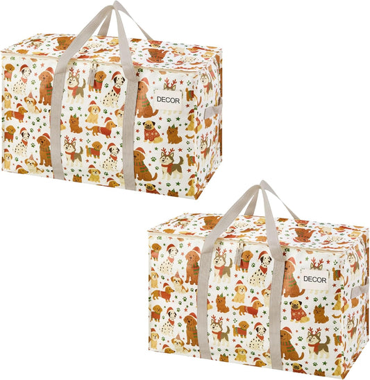 VENO 2 Pack Moving Bags and Large Christmas Storage Bins with lids. Alternative to Moving Boxes, Packing Supplies for College. Extra Large Heavy Duty Totes for Packaging (Holiday Pups, 2 Pack)