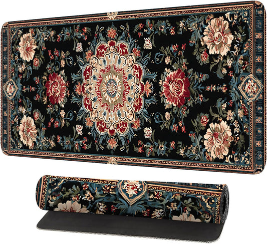 Vintage Persian Carpet Mouse Pad – Large Extended Desk Mat 31.5 x 11.8 in – Oriental Floral Rug Design, Non-Slip Rubber Base, Stitched Edges, Soft Keyboard & Mouse Mat for Office or Gaming