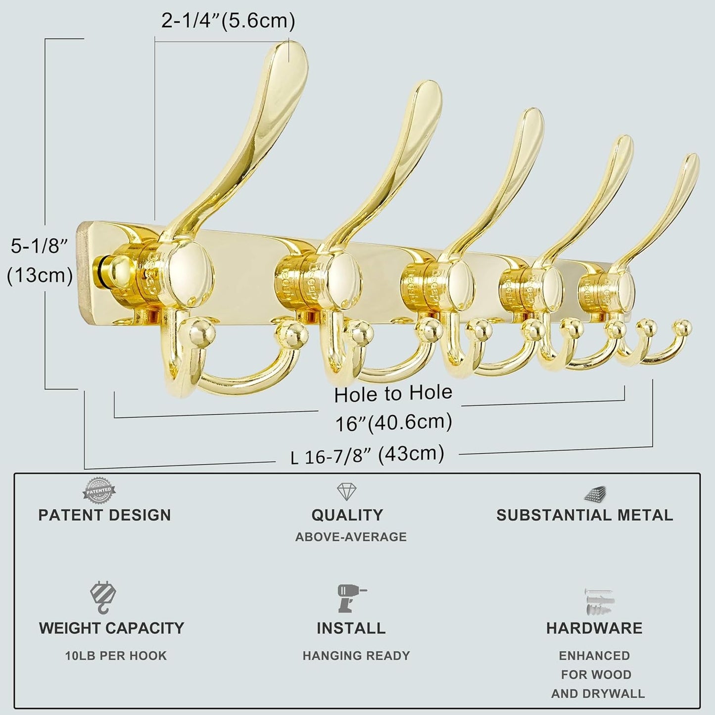 Dseap Coat Rack Wall Mount 2.0 Pro: Heavy Duty 300% Thicker, 16" Stud Mount, Stainless Steel Wall Coat Hooks Hanger for Clothes Jackets Hats Entryway Closet, MaxStrong Series, Gold, Pack of 2