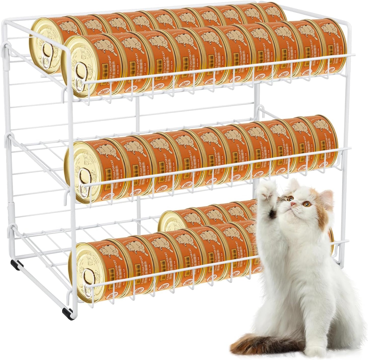 Cat Food Organizer, 3-Tier Stackable Iron Shelf for 45 Cans (3oz) - Pet Food Dispenser, Kitchen Pantry Storage Rack Cabinet, Canned Cat Organizer for Home & Shop