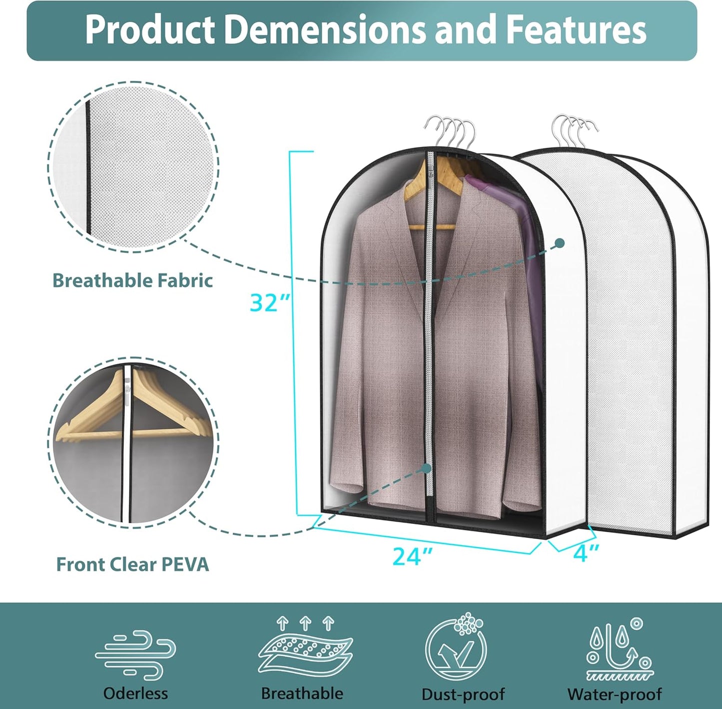 32” Garment Bags for Hanging Clothes 4” Gusseted - with Clear Window, Breathable Fabric, Metal Zipper, Suit Coat Fur Protector for Closet storage, clothes Season Off, Moving, 3 Pack