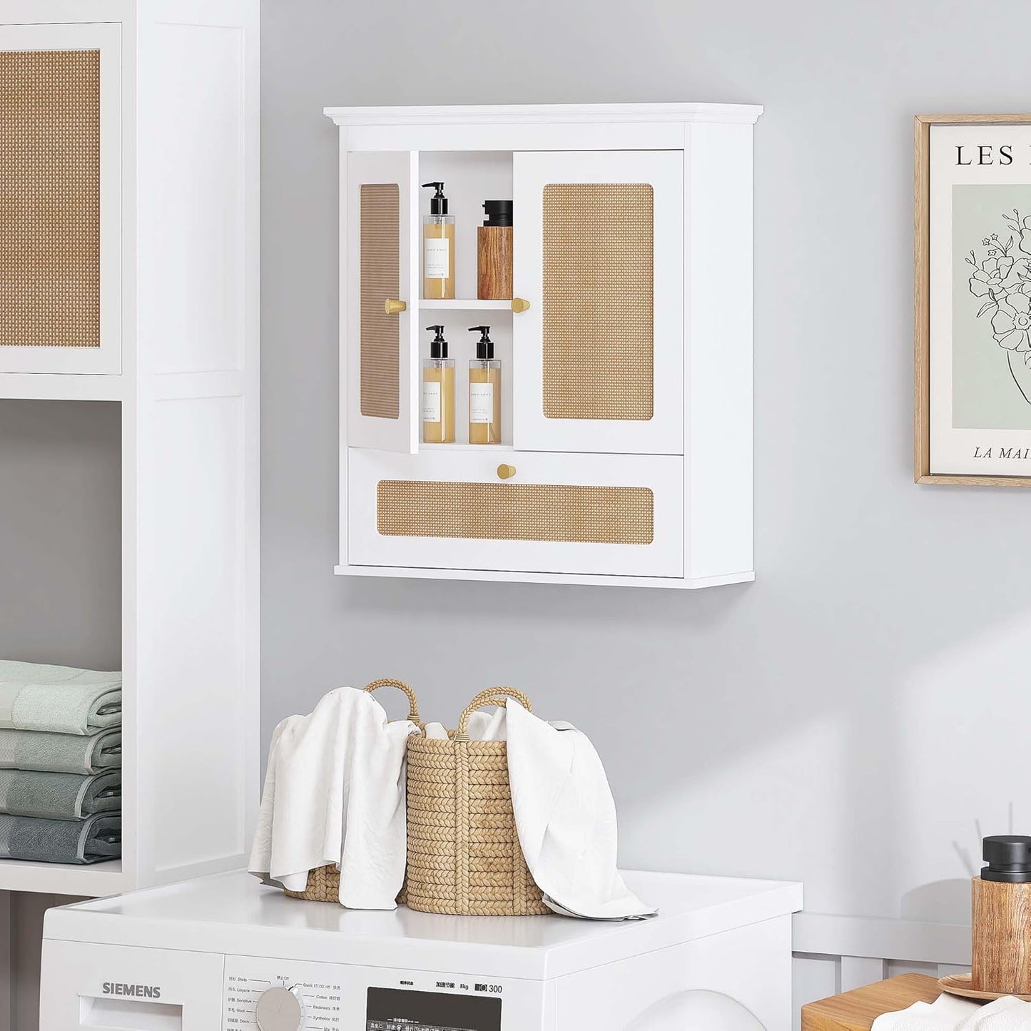 Spirich Bathroom Wall Cabinet Over Toilet, Modern Rattan Medicine Cabinet with Adjustable Shelf, Space-Saving Wall Mount Storage