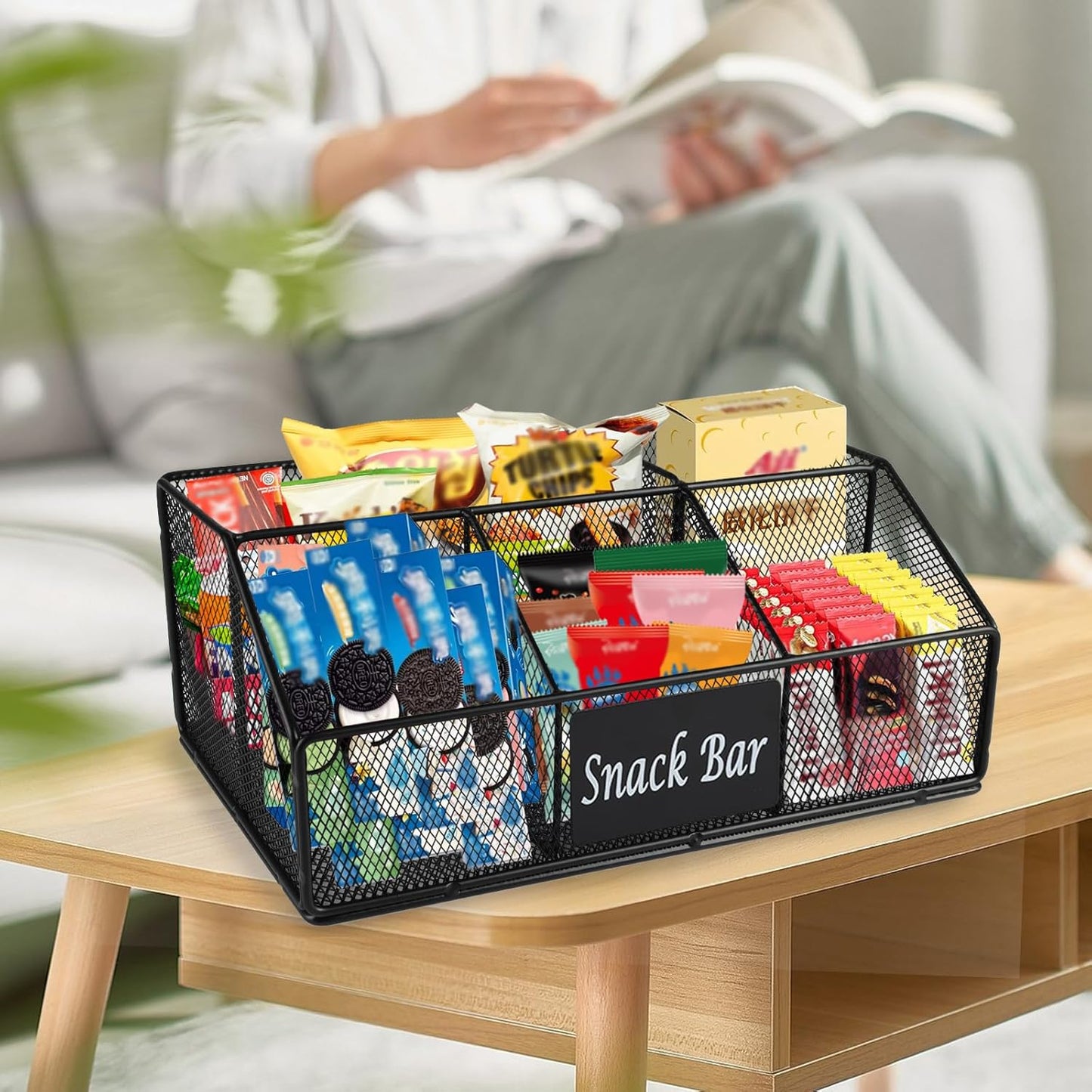 Snack Organizer for Countertop, 5 Compartments Metal Snack Basket Container, Chips Organizer, Snack Bar Station Decor, Kitchen Pantry Organization and Storage