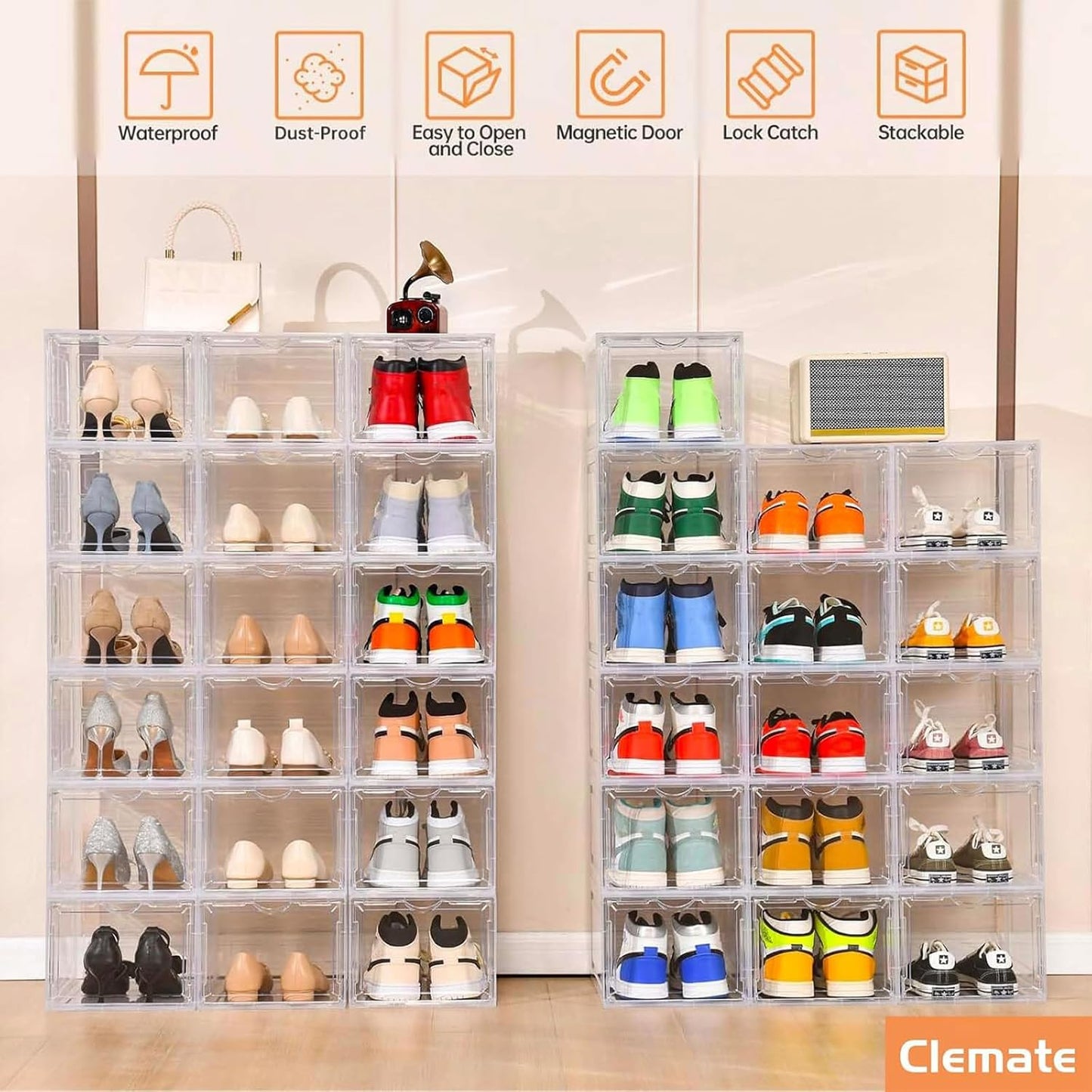 Clemate Upgraded X-Large Shoe Storage Box,8 Pack,Shoe Box Clear Plastic Stackable,Drop Front Shoe Box with Clear Door,Shoe Organizer and Shoe Containers For Sneaker Display,Fit up to US Size13