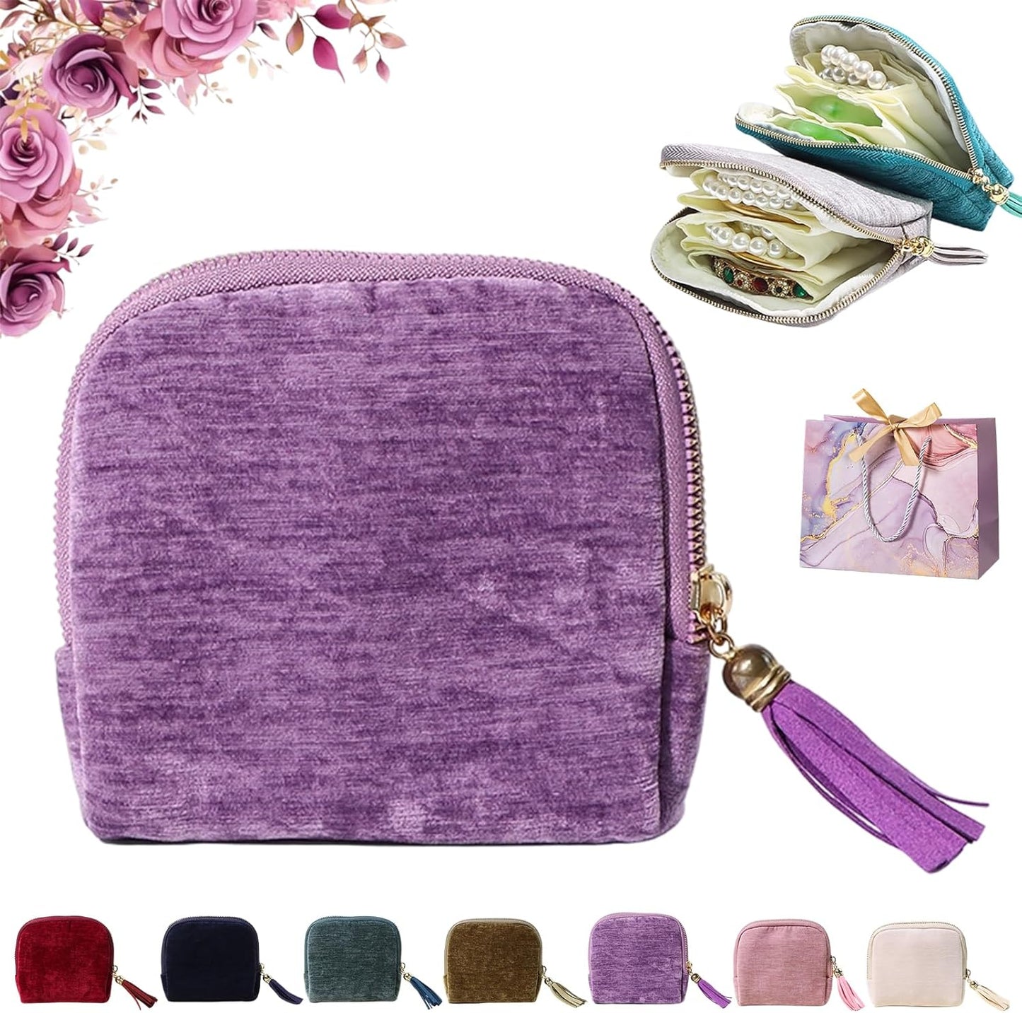 Travel Jewelry Case, Portable Jewelry Storage Bag, Compact Foldable Five Compartments Organizer Pouch with Zipper & Tassel for Earring Necklace Ring Bracelet (Purple)