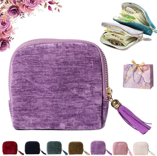 Travel Jewelry Case, Portable Jewelry Storage Bag, Compact Foldable Five Compartments Organizer Pouch with Zipper & Tassel for Earring Necklace Ring Bracelet (Purple)