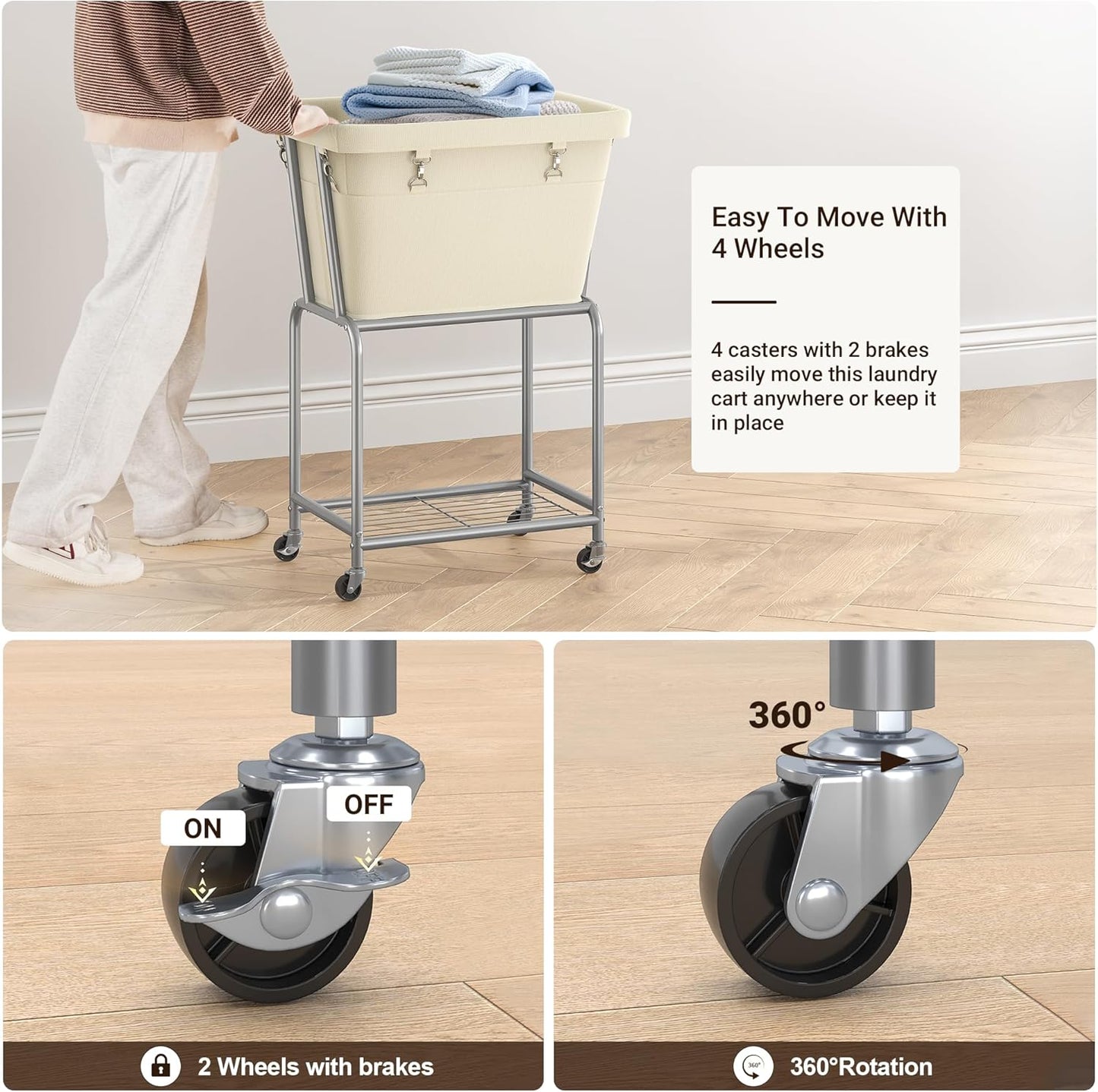 ELYKEN Laundry Cart with Wheels, Rolling Laundry Hamper with Removable Bag and Shelf, Metal Frame Laundry Basket with 4 Casters and 2 Brakes, Ideal for Bedroom, Bathroom, Laundry Room, Cream