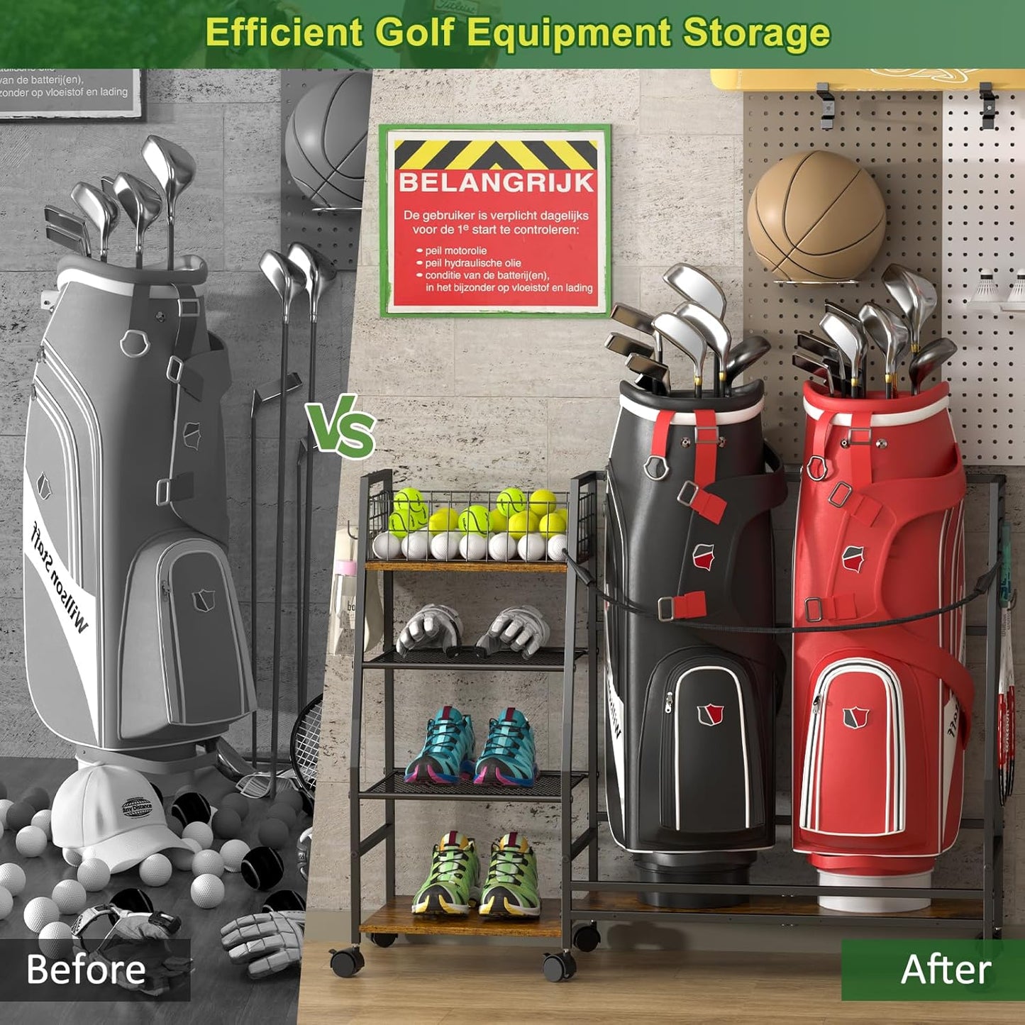 Golf Bag Storage Rack for Garage with Wheels, Organizer for Golf Bag and Equipment Accessories, Golf Organizer Stand Ideal for Home, Garage, Club, Shed, Basement - Sturdy and Durable (Black)