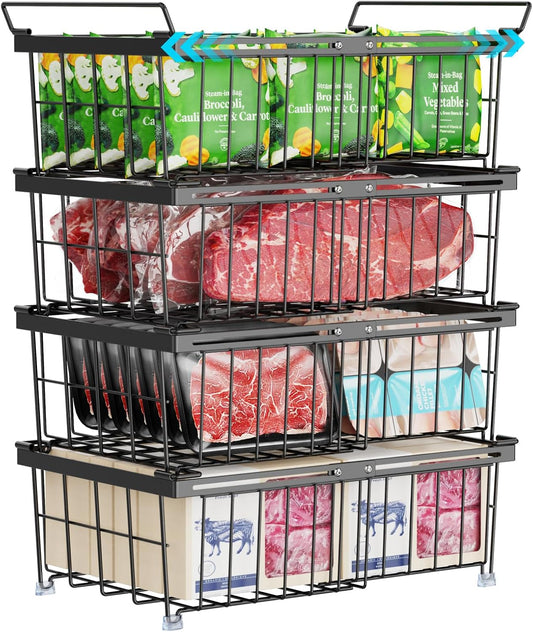 iSPECLE Freezer Organizer Bins - Fit 10 to 20 Cu.FT Chest Freezer, 4 Pack Expandable Stackable Large Deep Freezer Organizer Bins Sort Food, Easily Get Food from Bottom Better Ventilation, Black