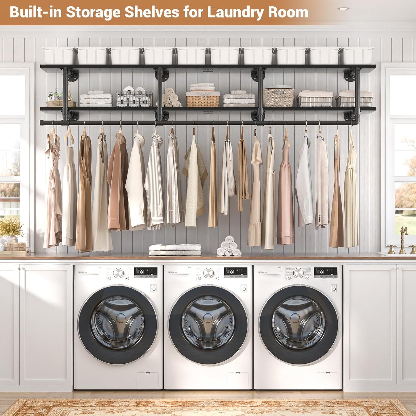 Aheaplus Industrial Pipe Clothes Rack with Top Shelf, 73In Space-Saving Wall Mounted Clothing Rack, 2 Tiers Heavy Duty Pipe Clothing Shelves with Hanging Rod for Laundry Room, Closet Storage, Black