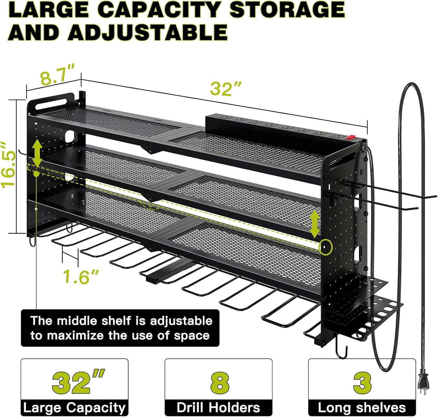 Power Tool Organizer Wall Mount with Charging Station,Cordless Tool Organizer 8 Drill Holder, 4 Layer Storage Rack for Garage Organization,Tool Holder with 8 Outlet Power Strip (Black)