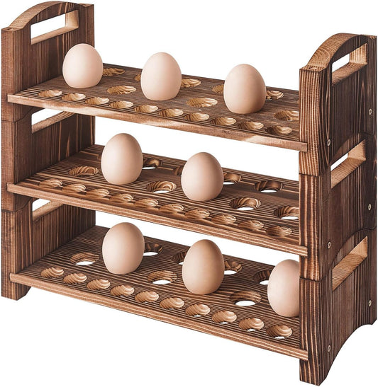 Wooden Egg Holder 3 Layer Fresh Egg Rack Holders Countertop Stackable Quail Egg Sorter Storage Trays Organizer Display Stand Kitchen Rack, Fits Duck, Turkey, Chicken Eggs,up to 36 Eggs, 3 Tier-Brown