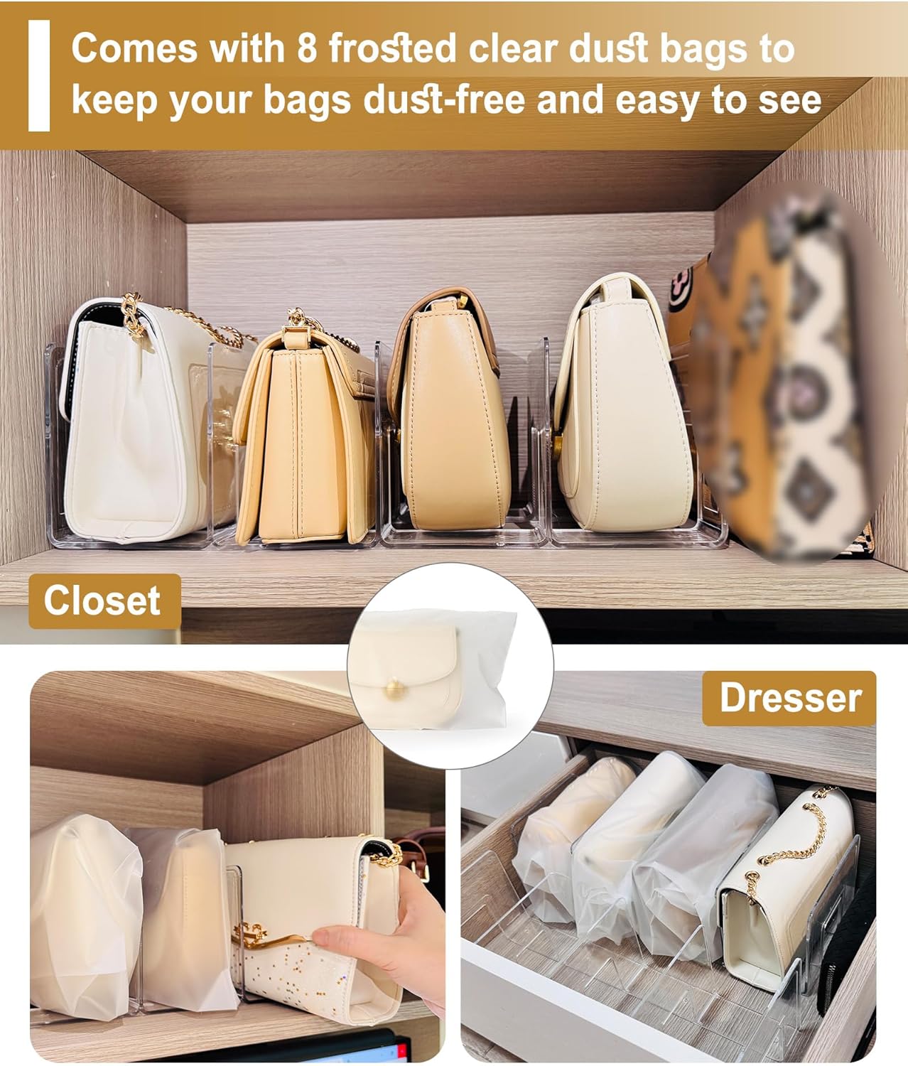 2-Pack Purse Organizers for Closet with 8 translucent Dustproof Storage Bags, Clear Acrylic 8-Slot Handbag Storage Shelf, No Assembly – Keeps Your Handbags Upright, Clear L