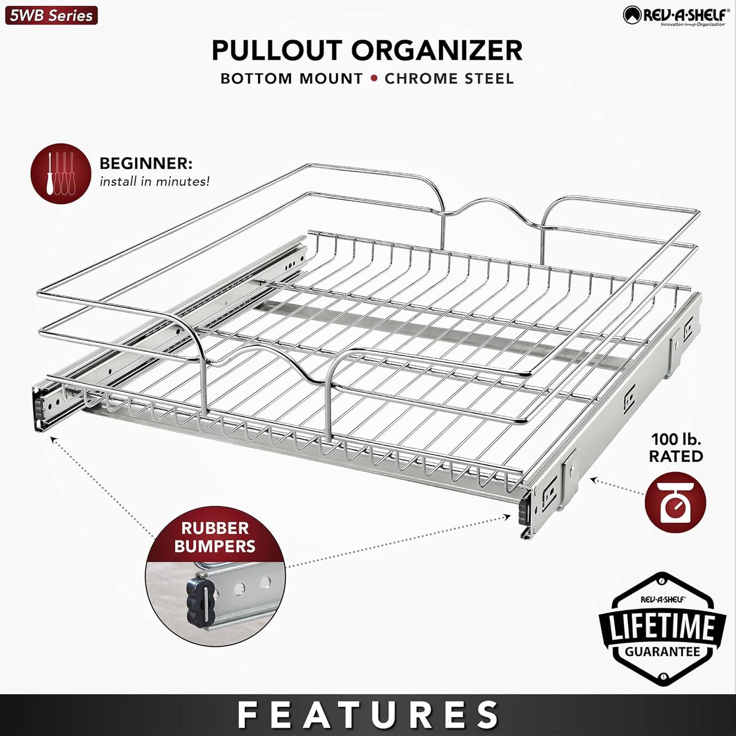 Rev-A-Shelf Kitchen Cabinet Pullout Shelf and Drawer Organizer Slide Out Pantry Storage Basket in Multiple Sizes, 21 x 22 In, 5WB1-2122CR-1