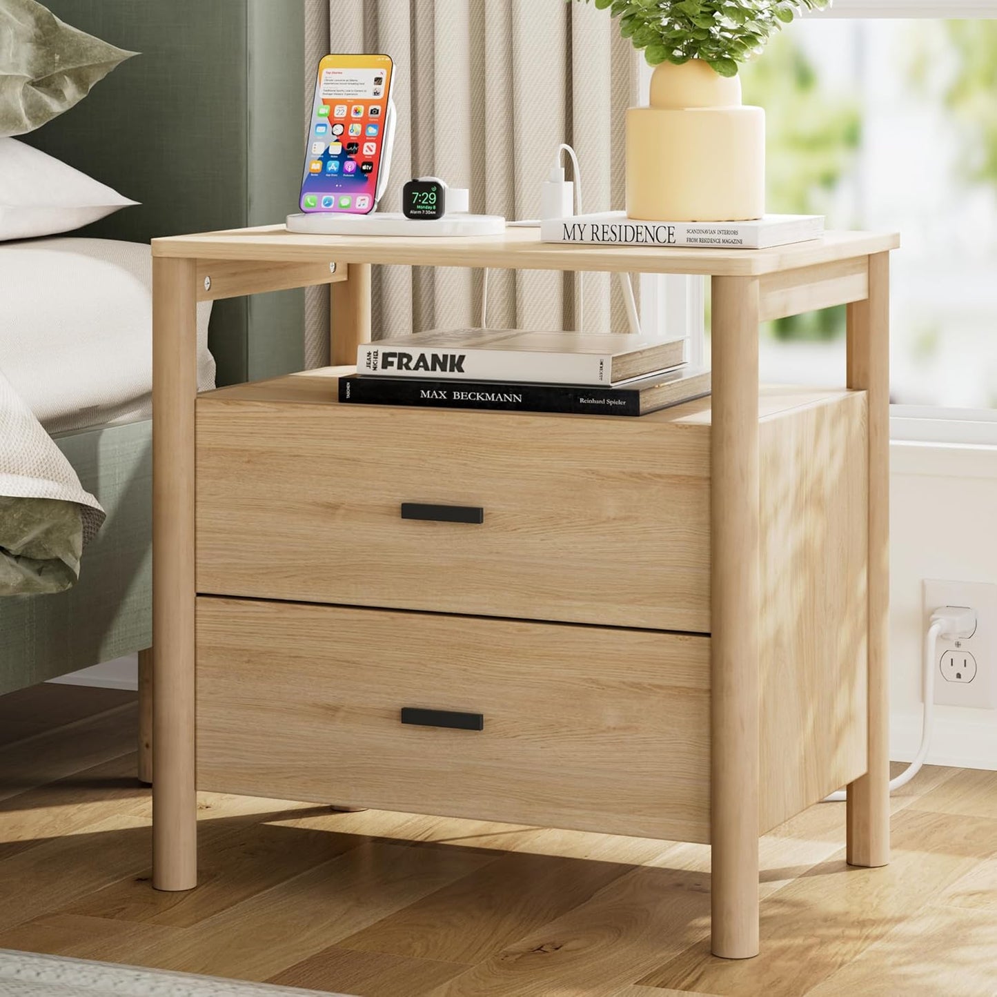 Night Stand with Charging Station, 24" Large Modern Side Table with Solid Round Post Legs, 2 Drawers End Table with Open Shelf, Nightstand with Storage for Bedroom, Natural Oak