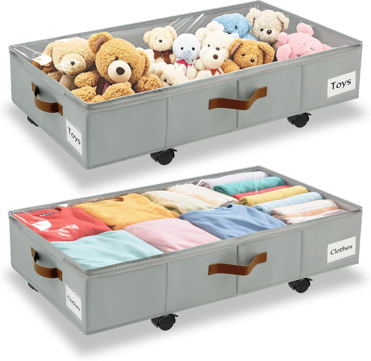 2 Pack Under Bed Storage with Wheels – 30.5×17×5.5 Inch, Underbed Storage with Sturdy Sidewalls/Bottom, Clear Cover, Label and PU Handle, Rolling Under Bed Drawers for Clothes, Shoes, Toys, Blankets