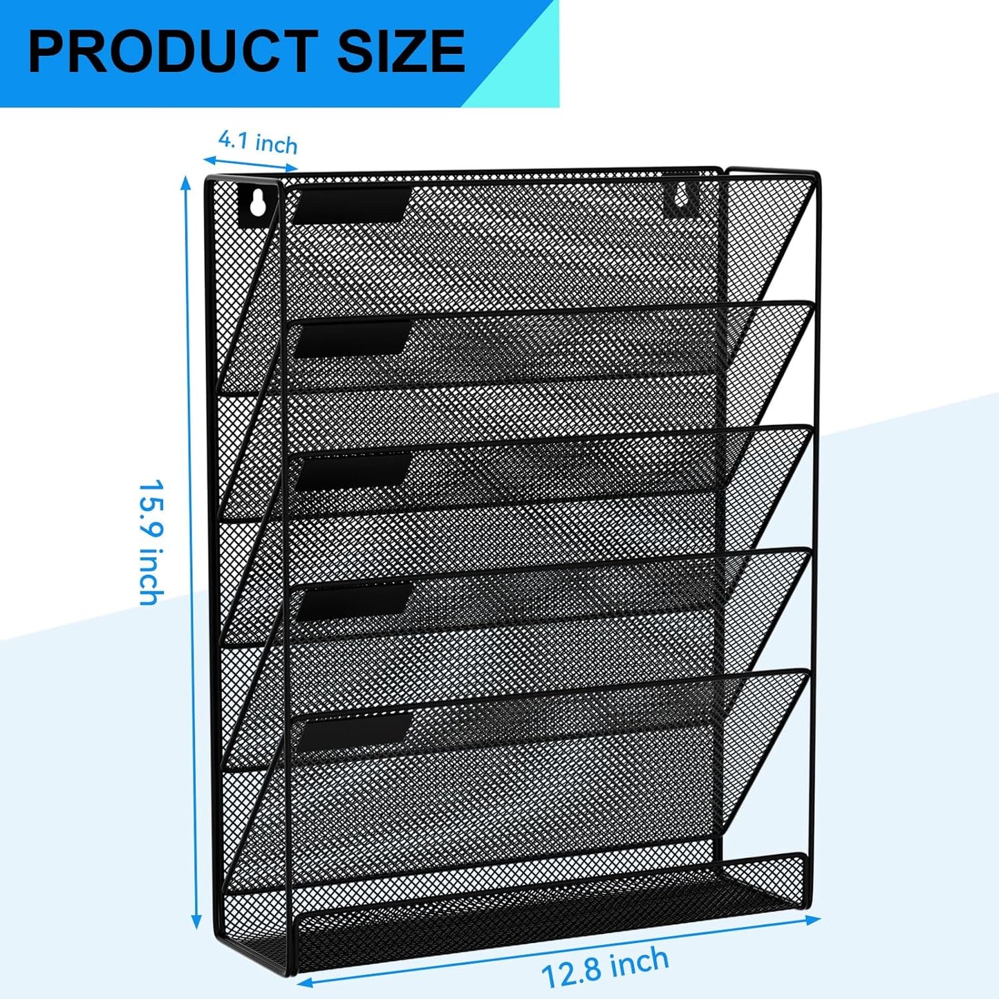 Wall File Organizer Holder Mesh Hanging Paper Document Holder,Vertical 6 Pocket Tier for Office Home, Black