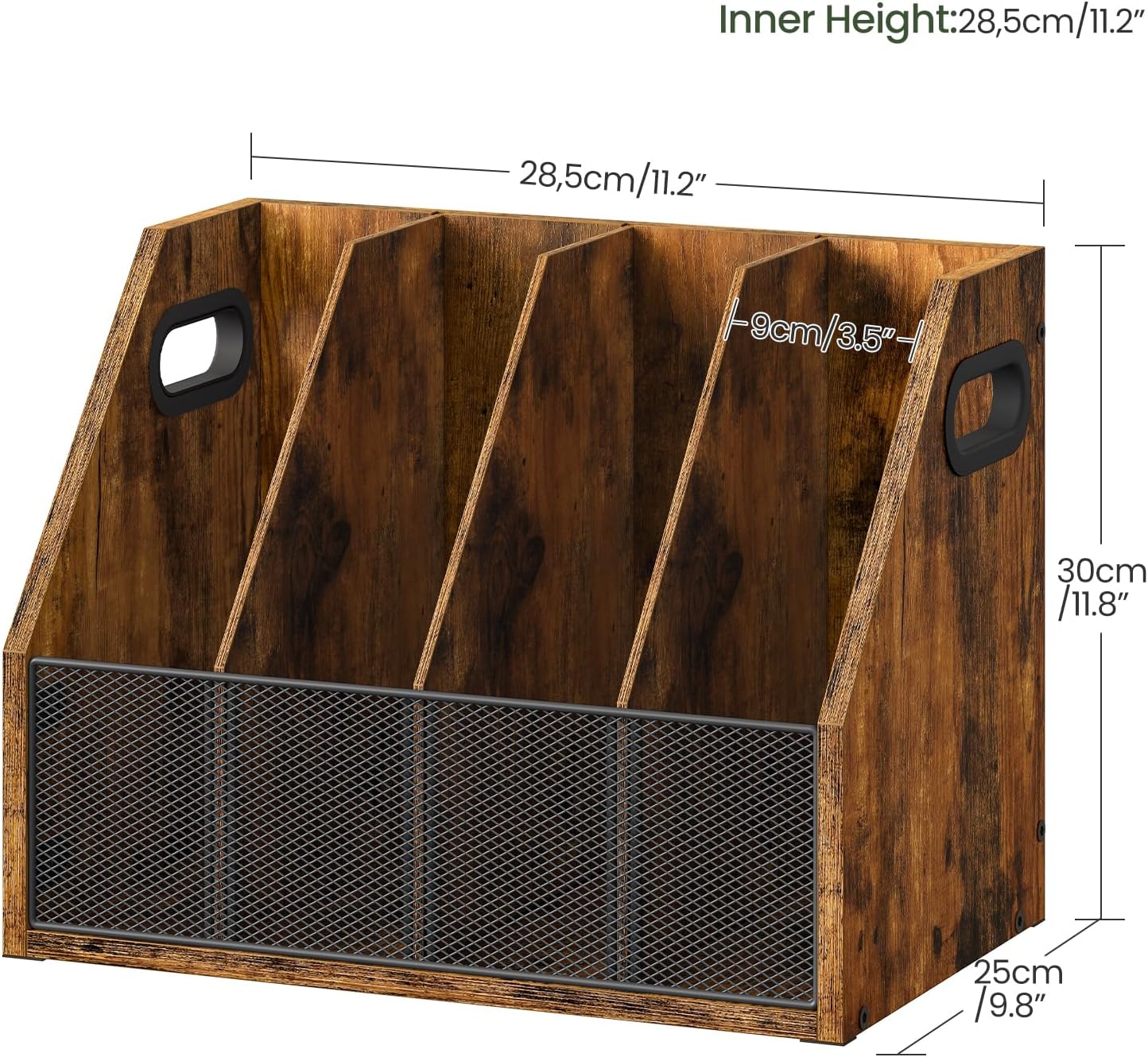 Wooden Desktop File Organizer with Removable Dividers, Mesh Front Panel for Paper, Mail, Magazine, Home Office Desk Storage, Easy Assembly, Rustic Brown MWJ06FG