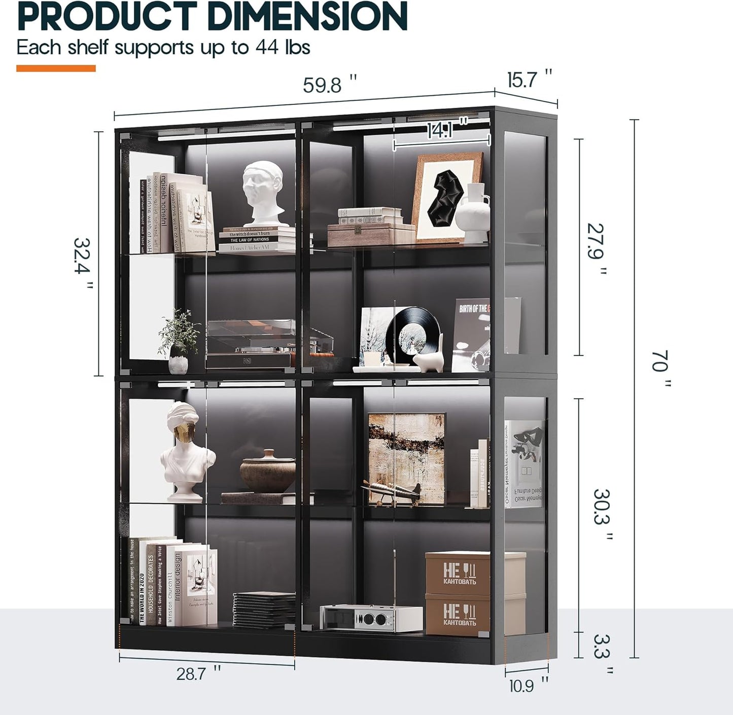 AMERLIFE RGB Display Cabinet with Adjustable Glass Shelves, 4-Tier Storage Case with LED Lights & Press-to-Open Doors, Modern Display Shelf for Collectibles, Black 70" H×60" L×16" D
