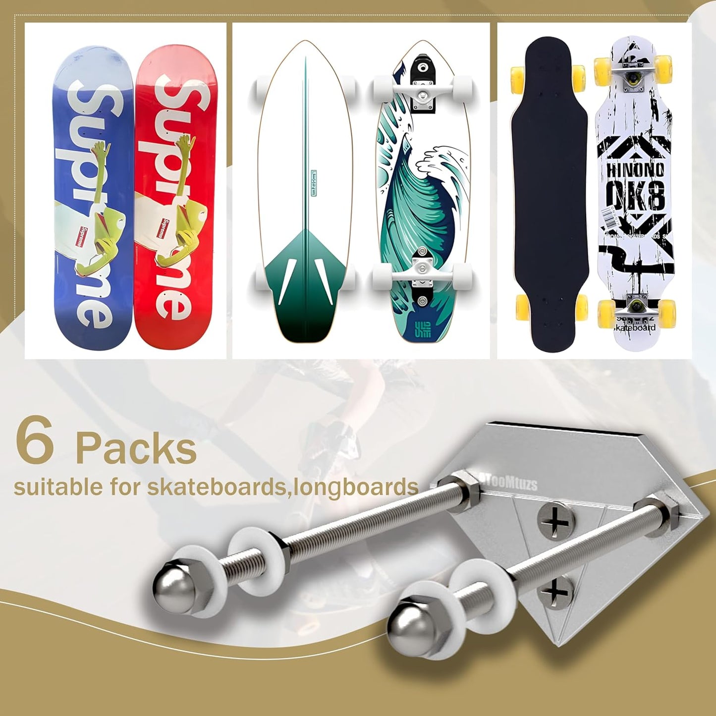 Skateboard Wall Mount Display(6 Packs)-Aluminum Diamond Shape Skateboard Deck Wall Mount with Two Screw Holes for Horizontal and Vertical Hanging Skateboard Display Decor-(Sliver)