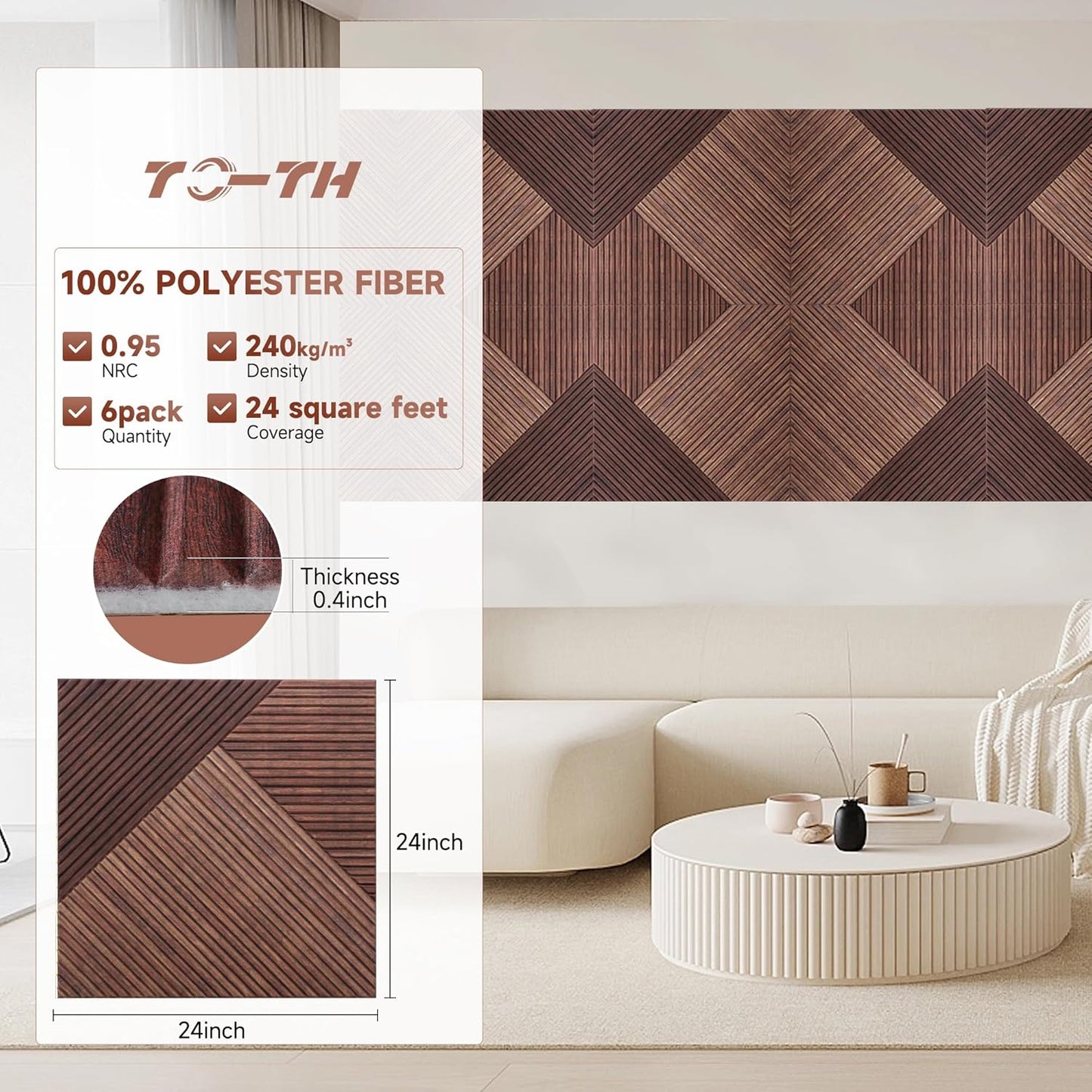 TO-TH Acoustic Panels for Wall and Ceiling - 6 Pack 2'x2'x0.4",Self-Adhesive 3D UV Printing Decorative Wall Panels with Wood Look,Red Sandalwood