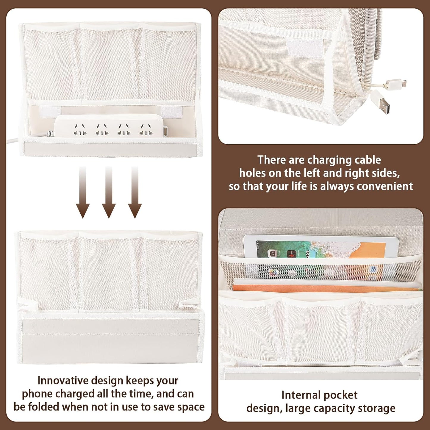Bedside Caddy Bedside Storage Organizer Bedside Organizer with Power Strip Holder and 2 Adjustable Straps for Home Bunk Bed College Dorm Sofa (White)