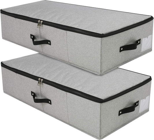 Omygarden 2PCS Foldable Under Bed Storage Container with Plastic Support Liner, Handles, Zipper lid, Sweater Pillow Blankets ClothesStorage Organizer for Bedroom and Closet, 29×15×7inch, Dark Grey