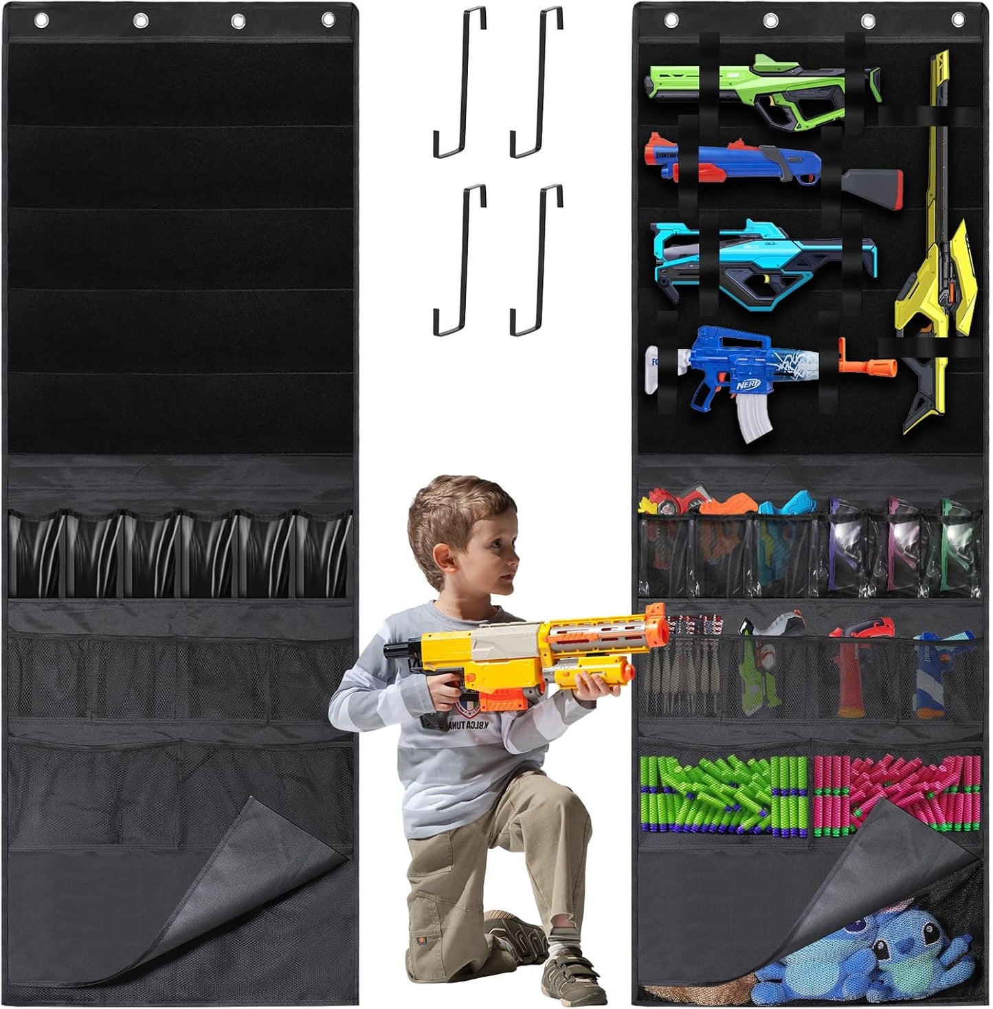 Over the Door Organizer for Toy Guns, Toys Storage Back of Door Hanging Organizer with Large Capacity Pockets and Adjustable Straps, for Kids Foam Blasters, Darts, Goggles and Toys Gun Accessories