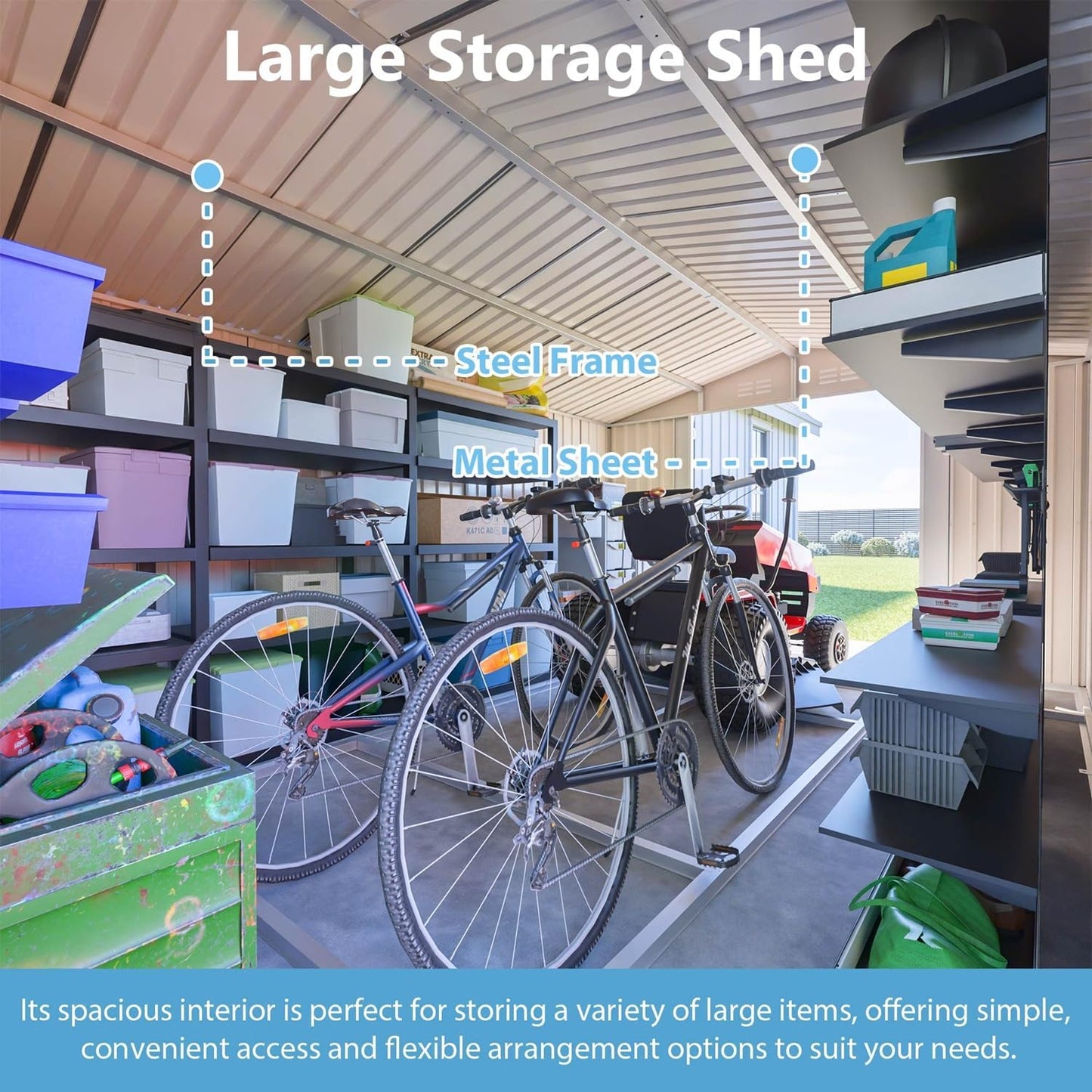 14x10 FT Outdoor Metal Storage Shed with Side Door & Floor Frame, Extra-Large Tool Shed with Lockable Double Doors, Weatherproof Garden Shed for Backyard, Lawn Equipment and Patio Storage