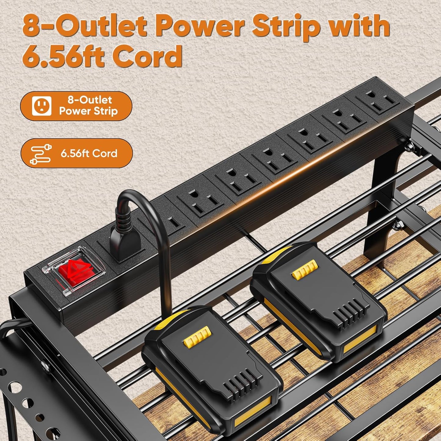 Large Power Tool Organizer with 8 Outlet Charging Station, Loads 600lbs, 4 Layer Heavy Duty Utility Rack Holds 8 Cordless Drills, Wall Mount Tool Battery Garage Storage Shelf, Gift for Men