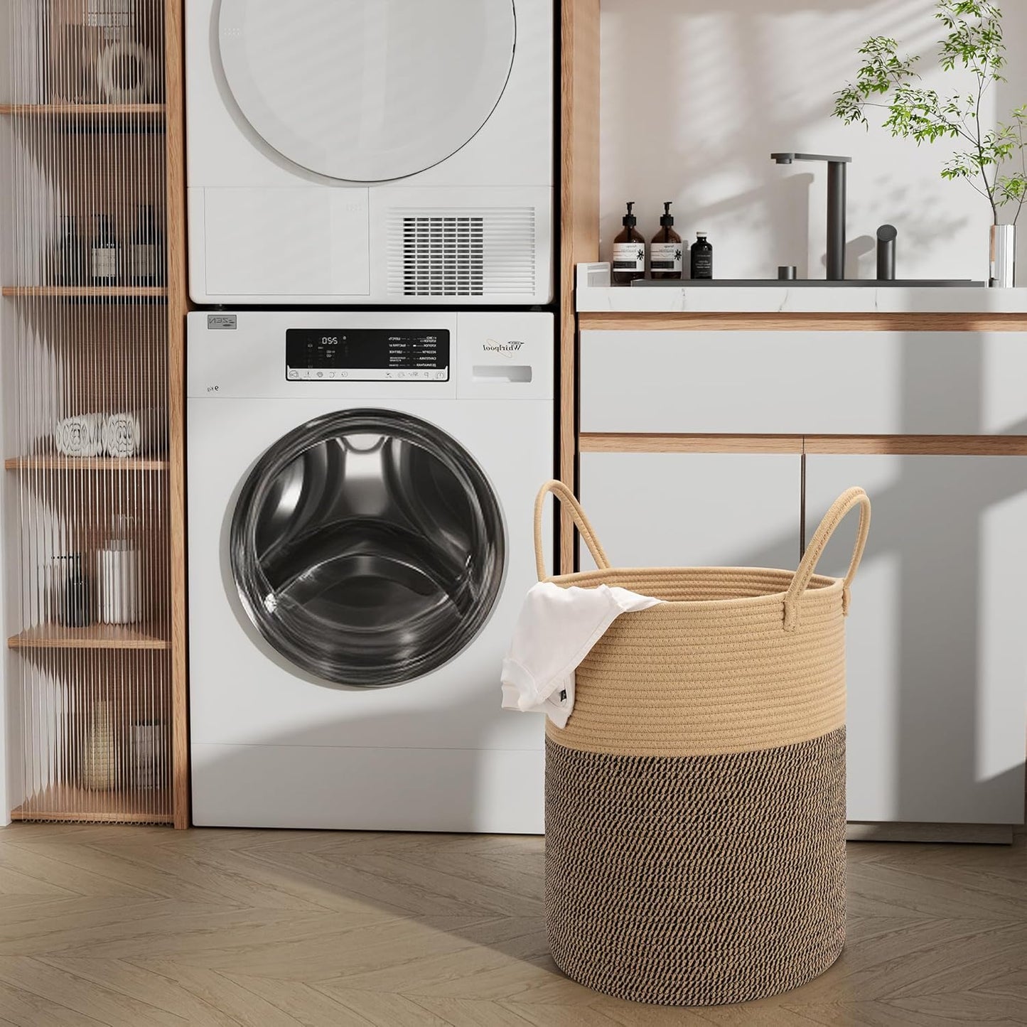 58L Cotton Rope Laundry Basket (20"x15"),Woven Basket for Storage Dirty Clothes Basket for Laundry, Living Room, Nursery, Bedroom Rope Storage Basket for Blankets（Brown/Stitches）
